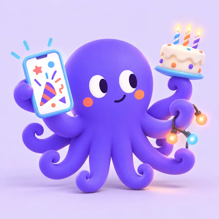 Otto the octopus handing out a party invite, a cake and string lights