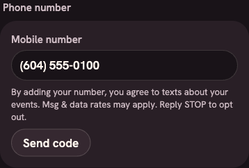 Screenshot: Account, then Phone number: the number, the wording, then Send code.