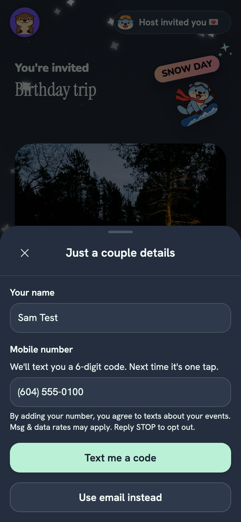 Screenshot: Joining an event by mobile number: the number, the wording, then Text me a code.