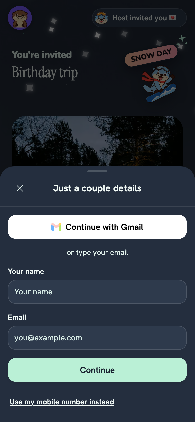 Screenshot: Joining an event: Use my mobile number instead.