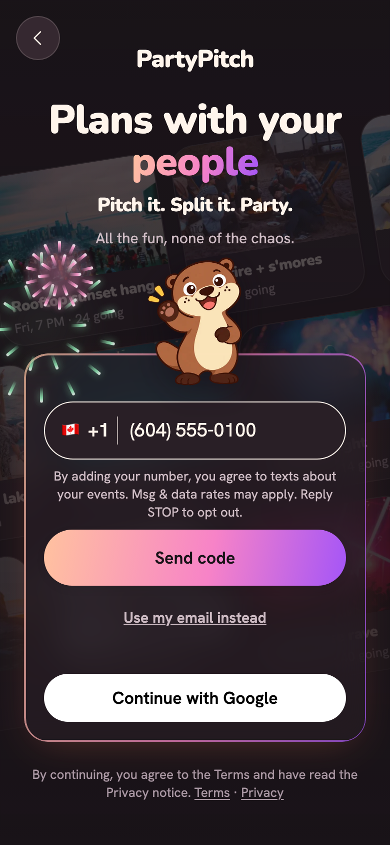 Screenshot: Signing in with a phone number: the number, the wording, then Send code.